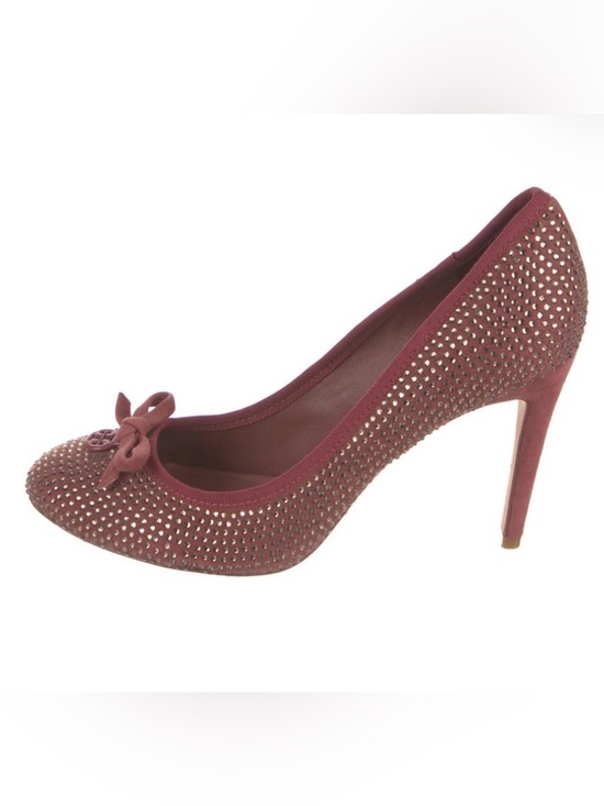 Tory Burch Shoes - Tory Burch Burgundy Round Toe Crystal & Bow Four Inch High Heel Pumps - Size 8.5
